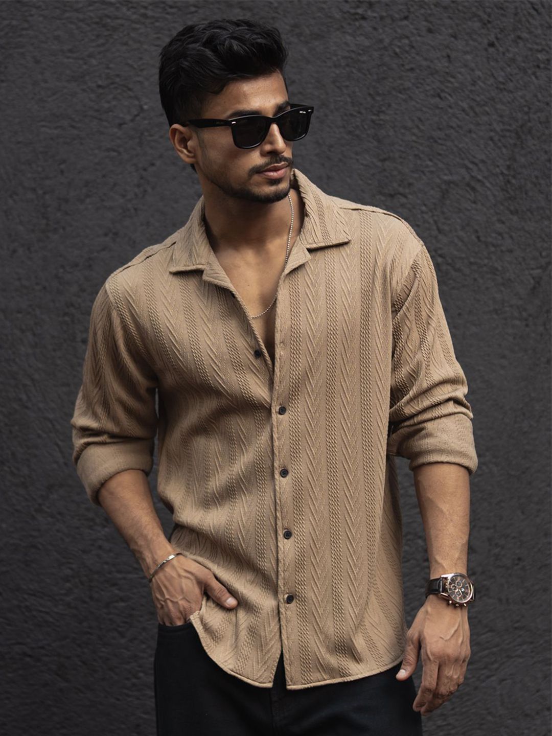 Powerlook Men Cuban Collar Textured Relaxed Fit Casual Shirt
