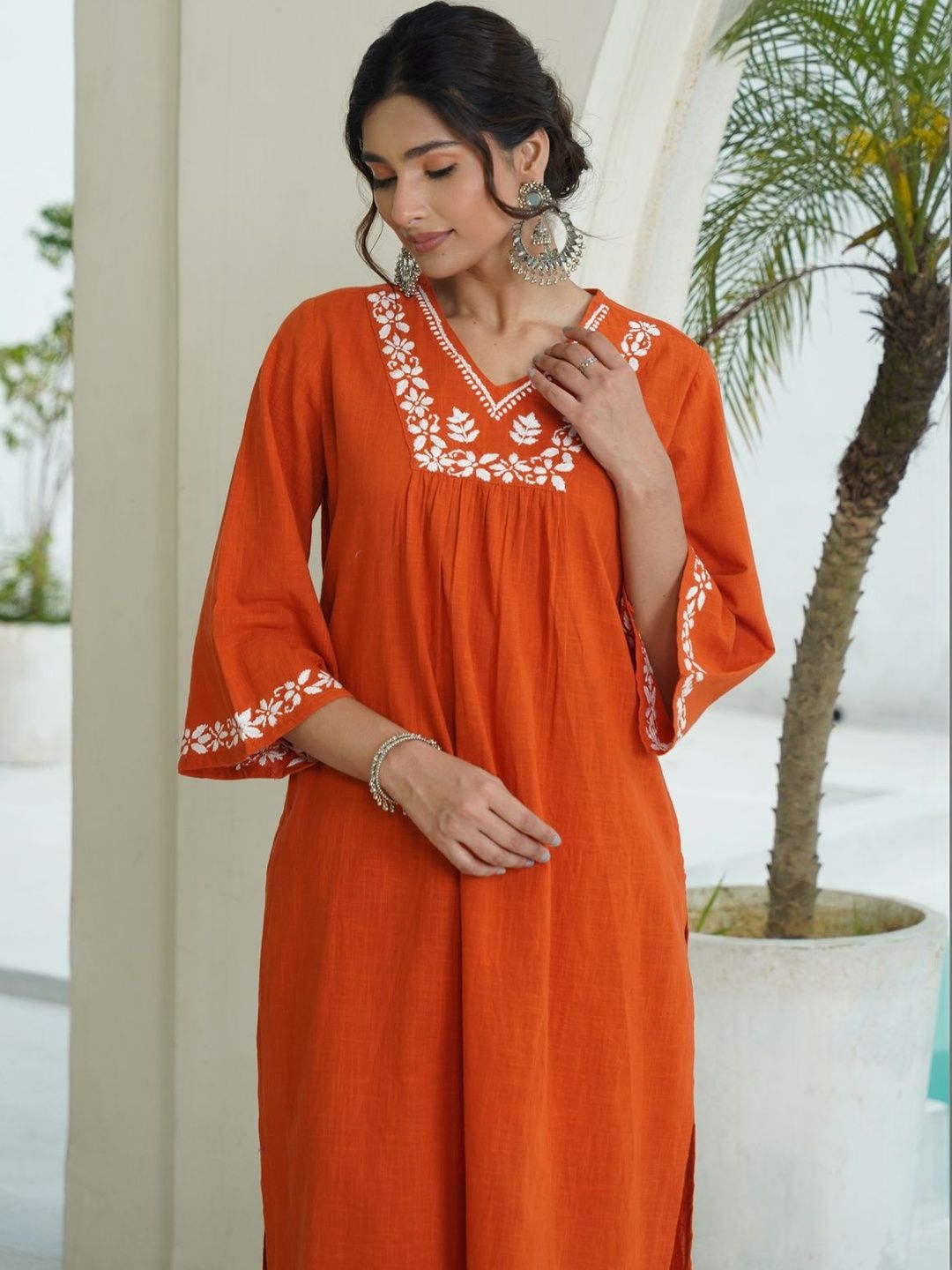 House of Chikankari Wanita 2 Keping Kurta Kapas Tulen Biasa dengan Set Seluar