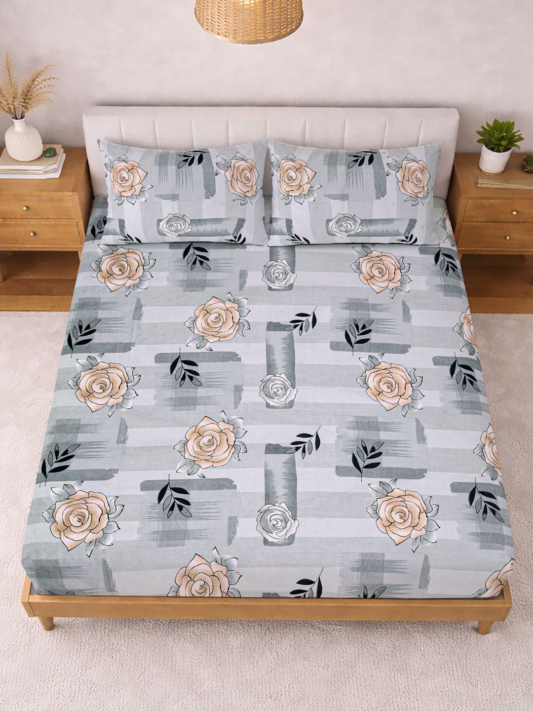 KLOTTHE Grey Floral 300 TC King Bedsheets