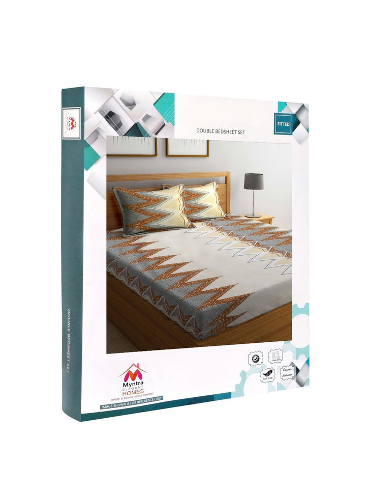 Myntra Elegant Homes Grey & Cream-Coloured Geometric 300 TC King Bedsheet with 2 Pillow Covers