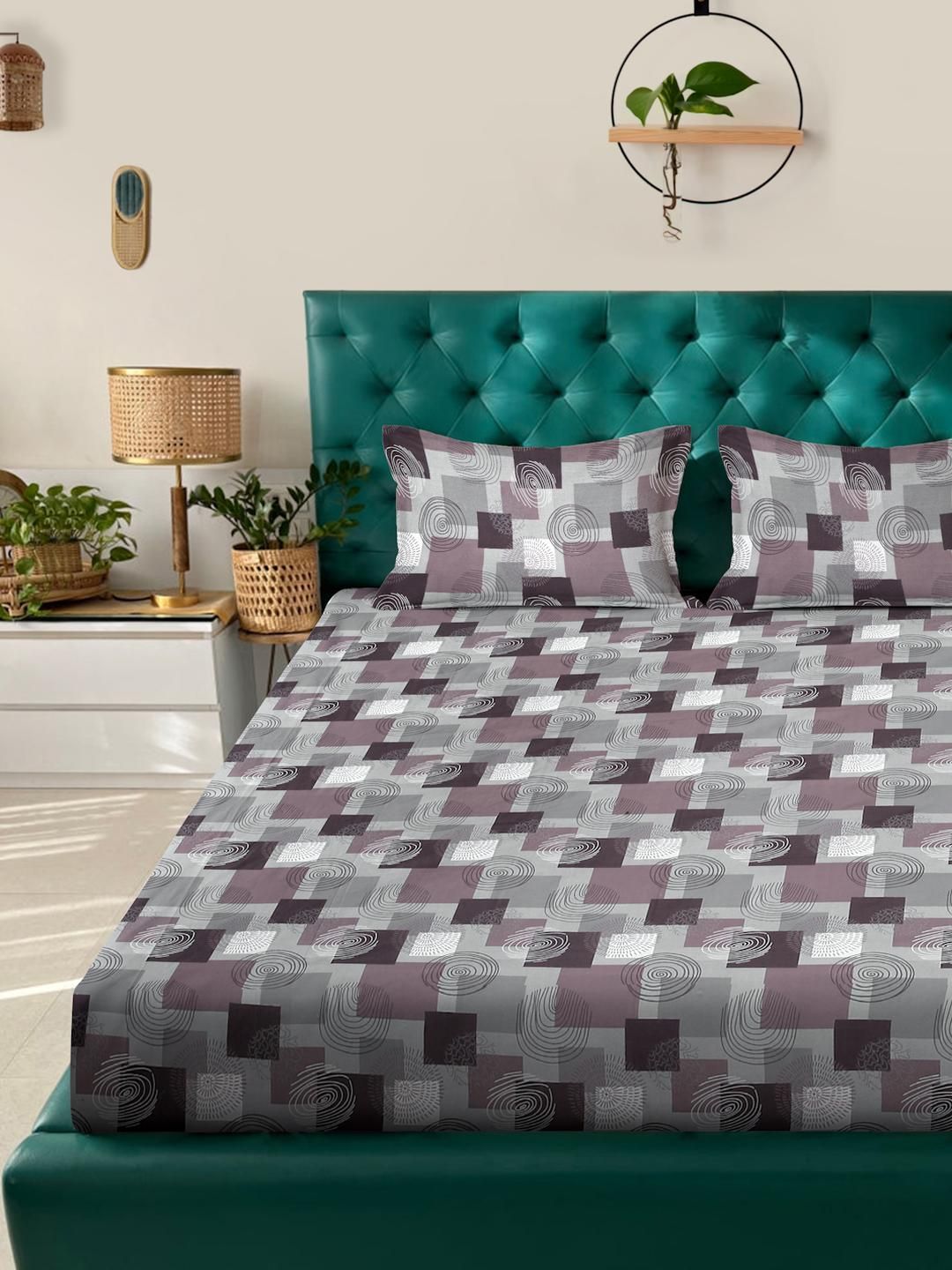 KLOTTHE Purple Geometric Fitted 400TC Kapas Tulen Cadar King Double dengan 2 Sarung Bantal