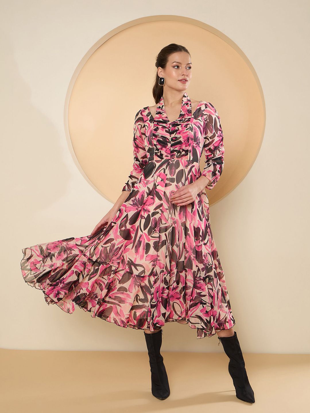 Antheaa Floral Print Halter Neck Chiffon Fit & Flare Midi Dress