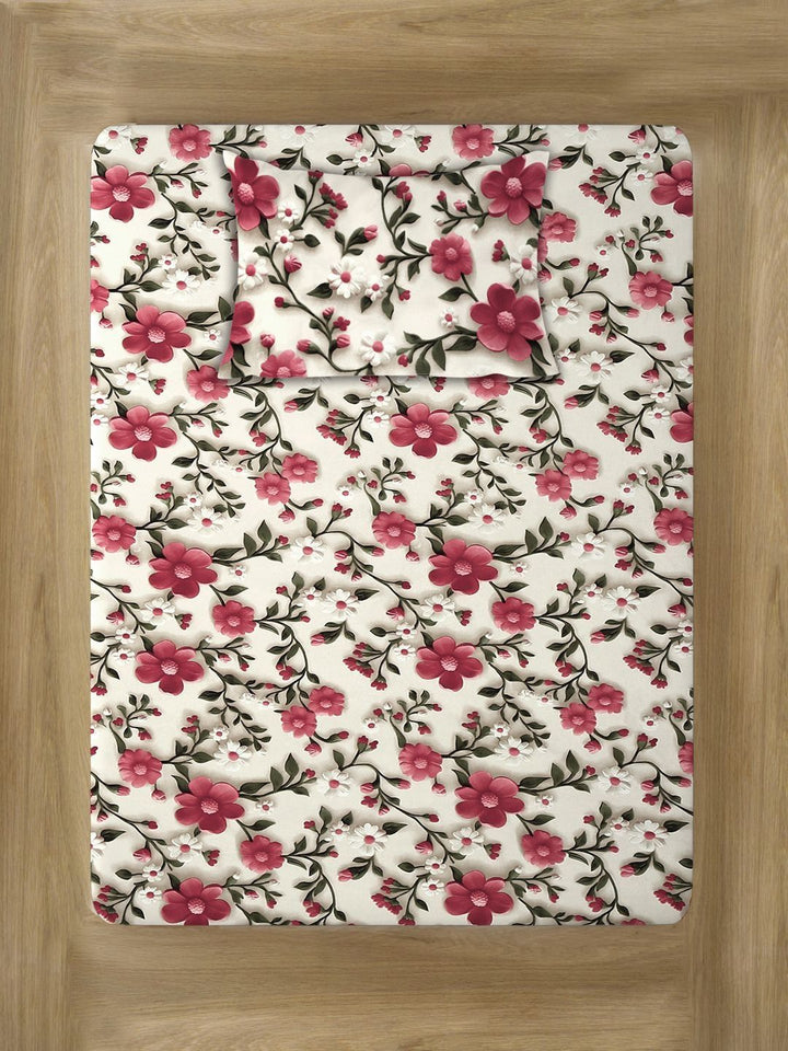 Myntra Elegant Cream-Coloured & Pink Floral 300 TC Single 7D Bedsheet & 1 Pillow Cover