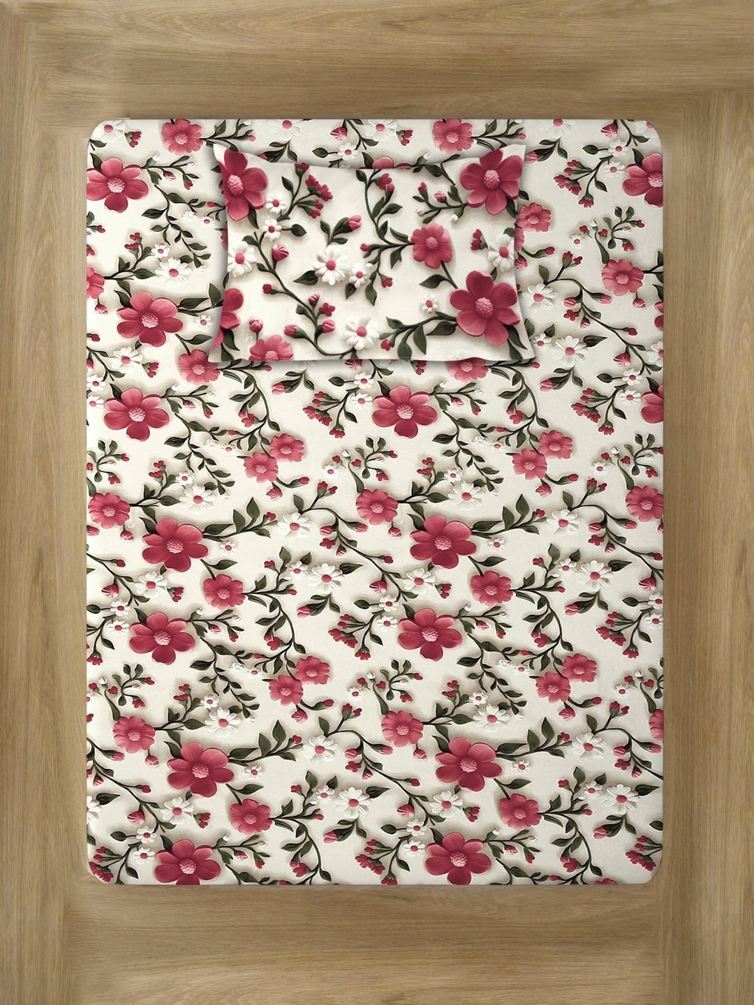 Myntra Elegant Cream-Coloured & Pink Floral 300 TC Single 7D Bedsheet & 1 Pillow Cover