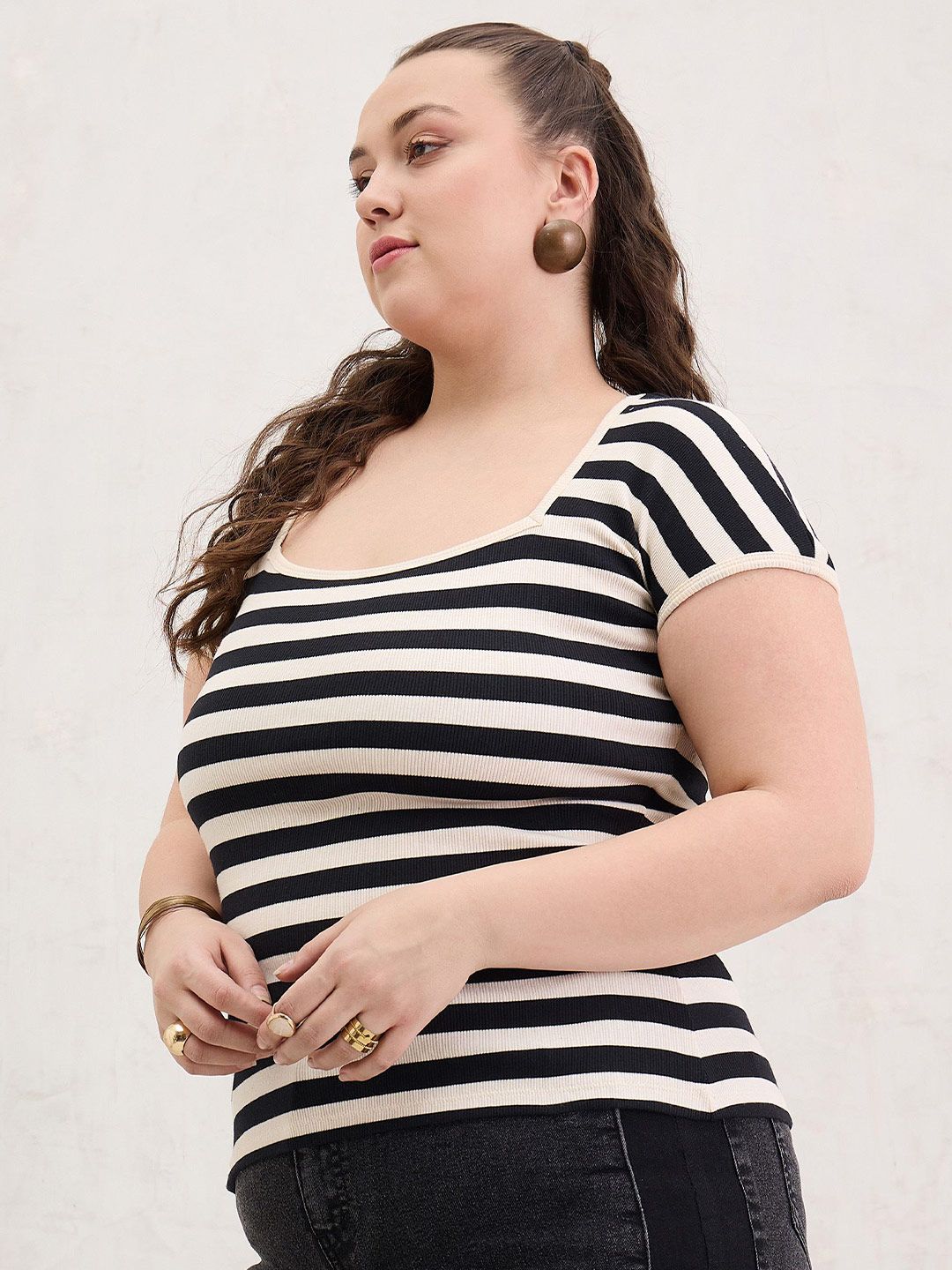 SASSAFRAS Women Plus Size Striped Cotton Top