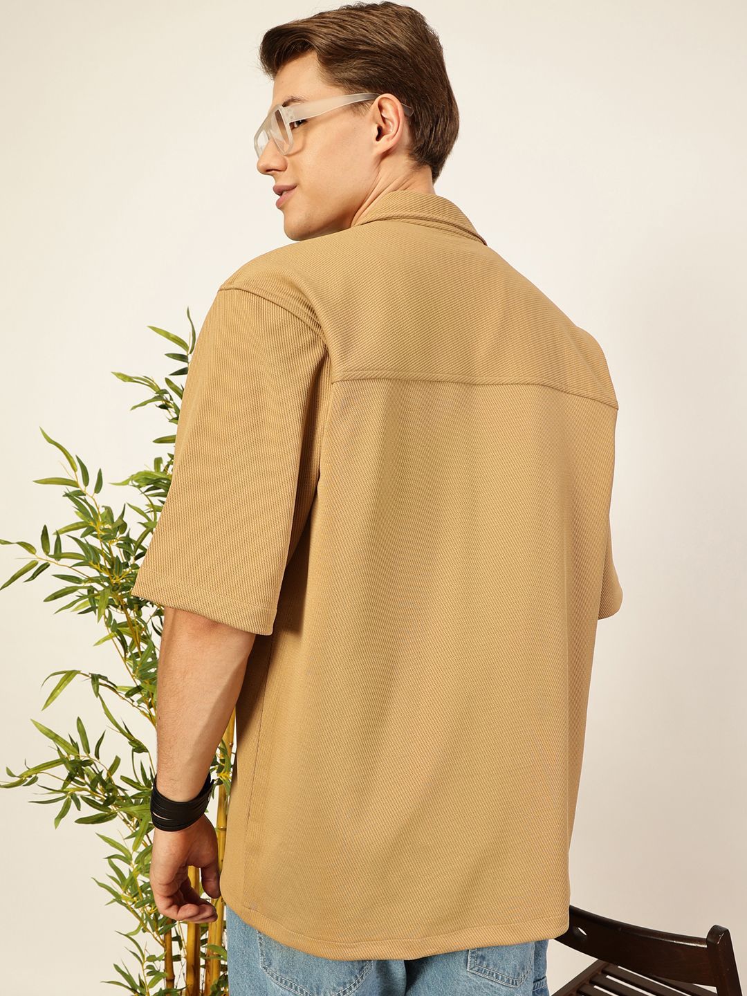 Thomas Scott Men Premium Cuban Collar Textured Cotton Oversized Casual Shirt