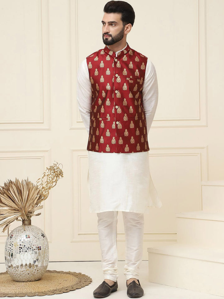 SOJANYA Mandarin Collar Silk Cotton Straight Kurta with Churidar & Nehru jacket