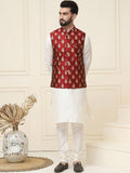 SOJANYA Mandarin Collar Silk Cotton Straight Kurta with Churidar & Nehru jacket