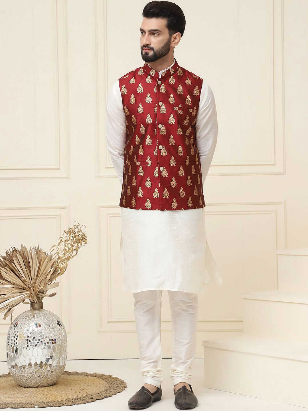 SOJANYA Mandarin Collar Silk Cotton Straight Kurta with Churidar & Nehru jacket