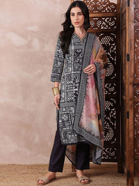 KALINI Geometric Printed Thread Work Straight Kurta with Trousers & Dupatta