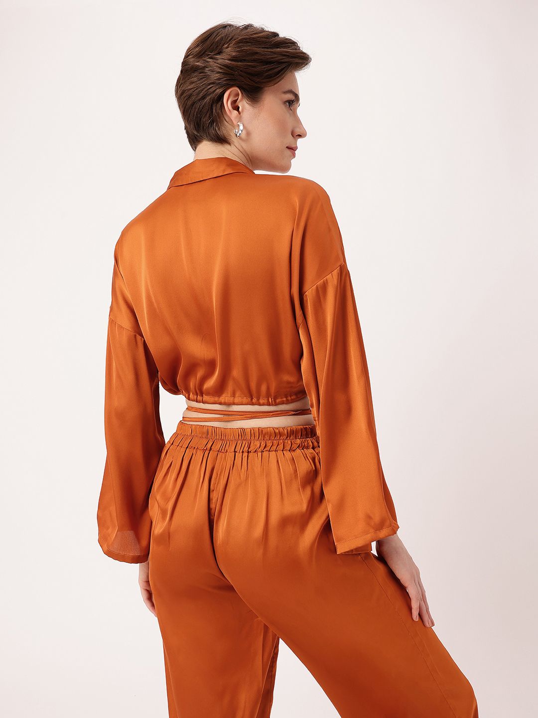 DressBerry Sashay In Satin Modern Glamour Midriff Peek Tie-Up Blouson Shirt Style Crop Top