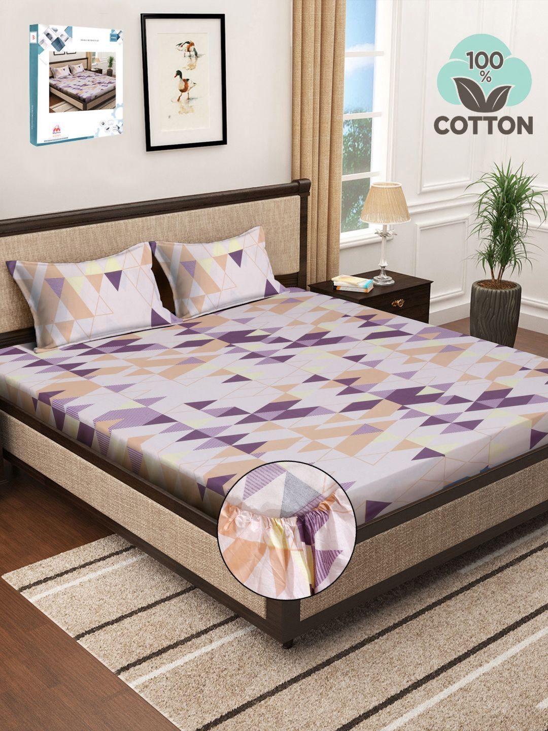 Myntra Elegant Homes White Printed Pure Cotton Fitted 400TC King Bedsheet Set 2.5m X 2.25m
