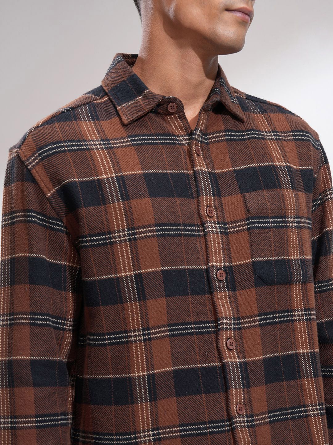 HIGHLANDER Men Relaxed Fit Spread Collar Tartan Checked Cotton Casual Shacket