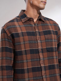 HIGHLANDER Men Relaxed Fit Spread Collar Tartan Checked Cotton Casual Shacket