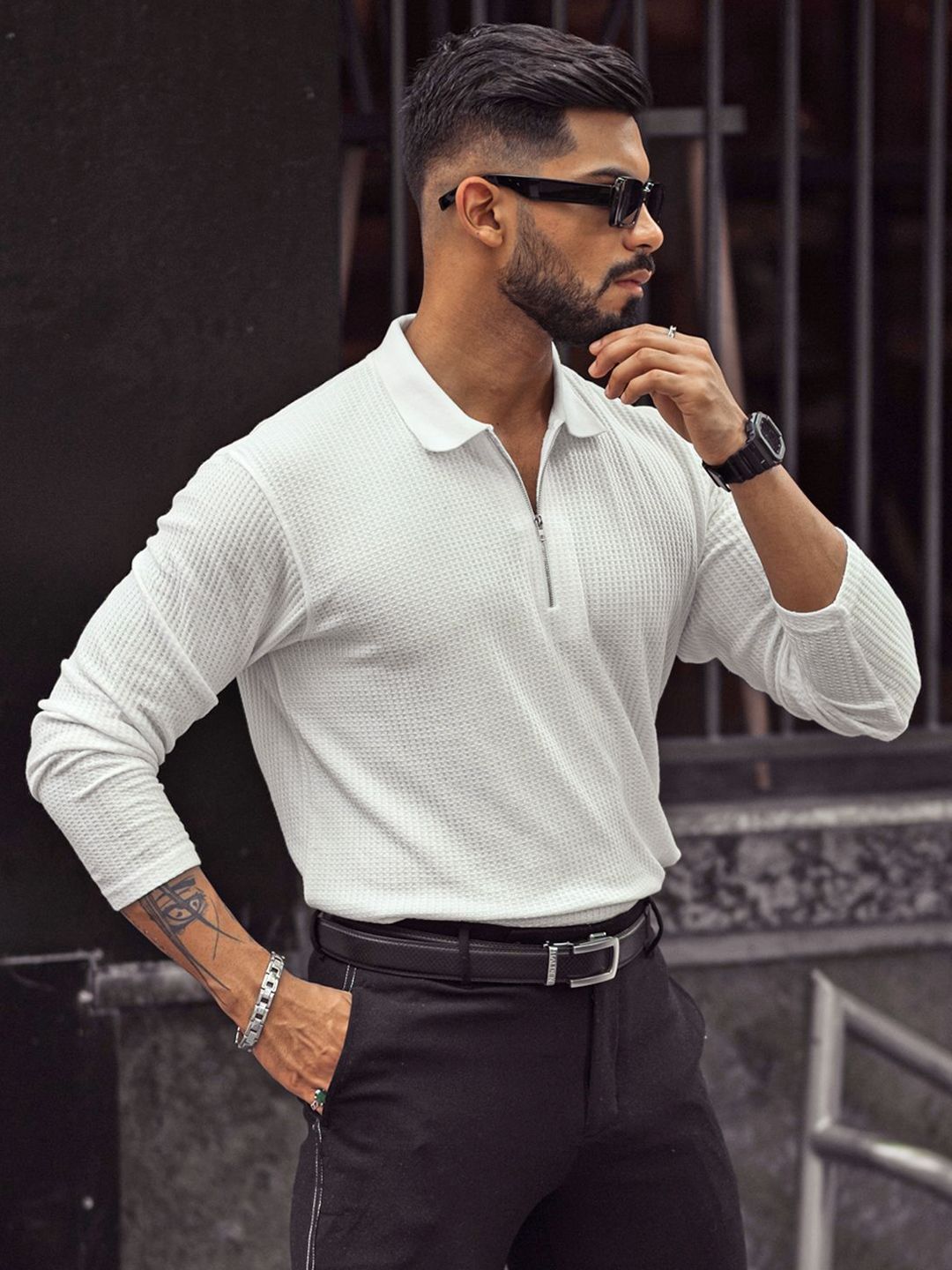 Powerlook Men Self Design Polo Collar Cotton T-shirt