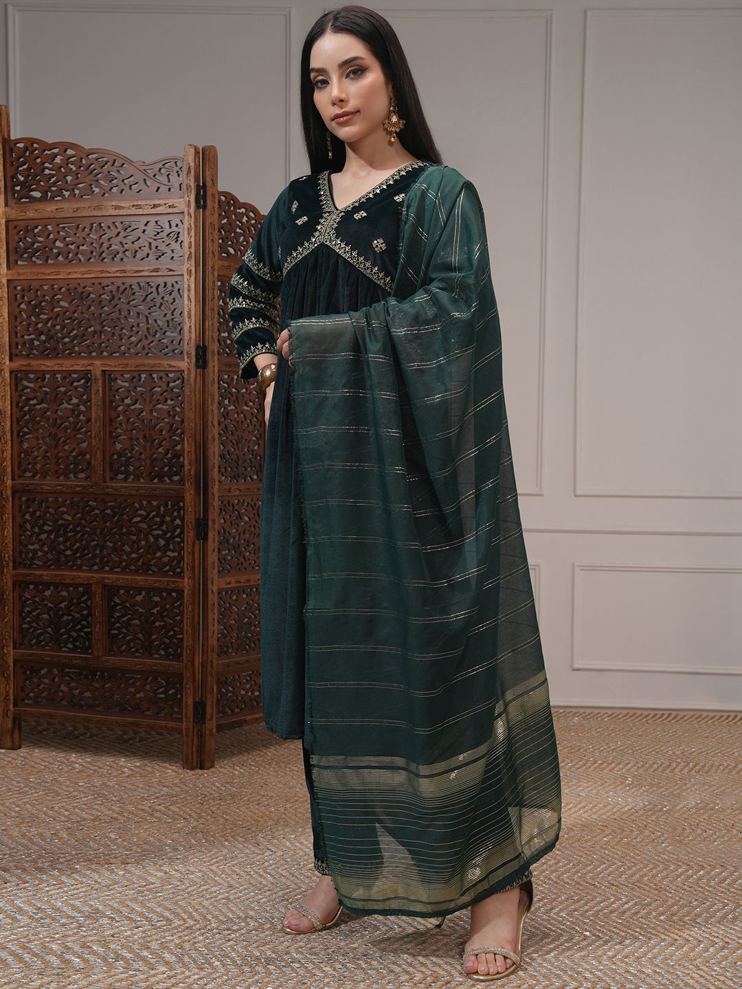 Vishudh Women Embroidered Velvet Gathe Kurta with Slim Palazzo & Dupatta