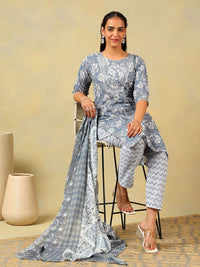 Mamicha Women Floral Printed Regular Mirror Work Pure Cotton Kurta with Trousers & With Dupatta