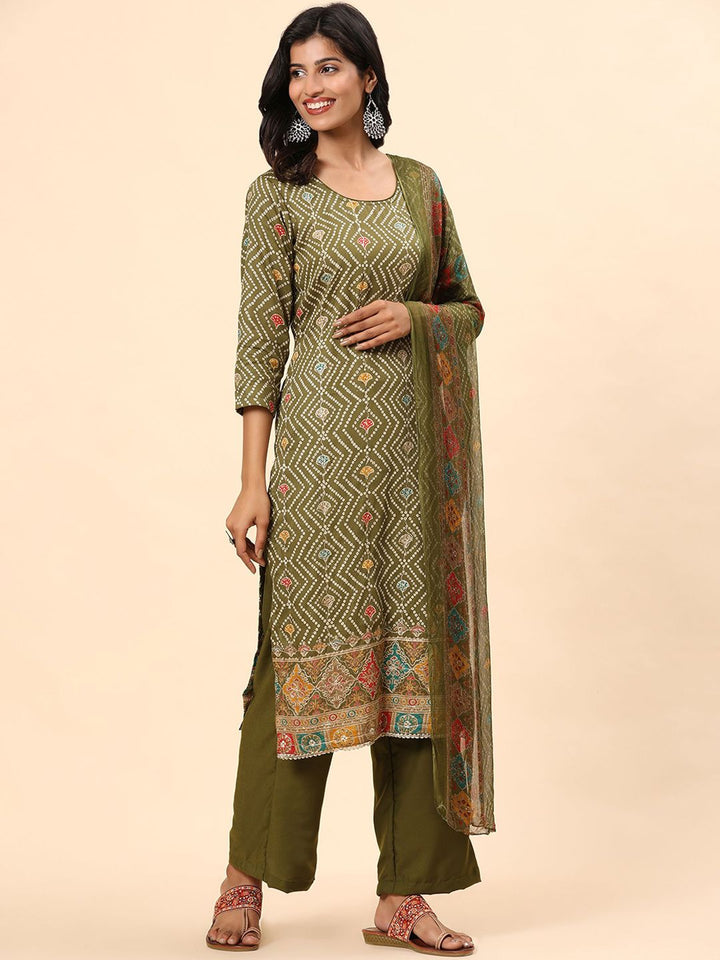 Kurta Lurus Kapas Tulen Bercetak Mamicha Bandhani dengan Palazzos & Dupatta