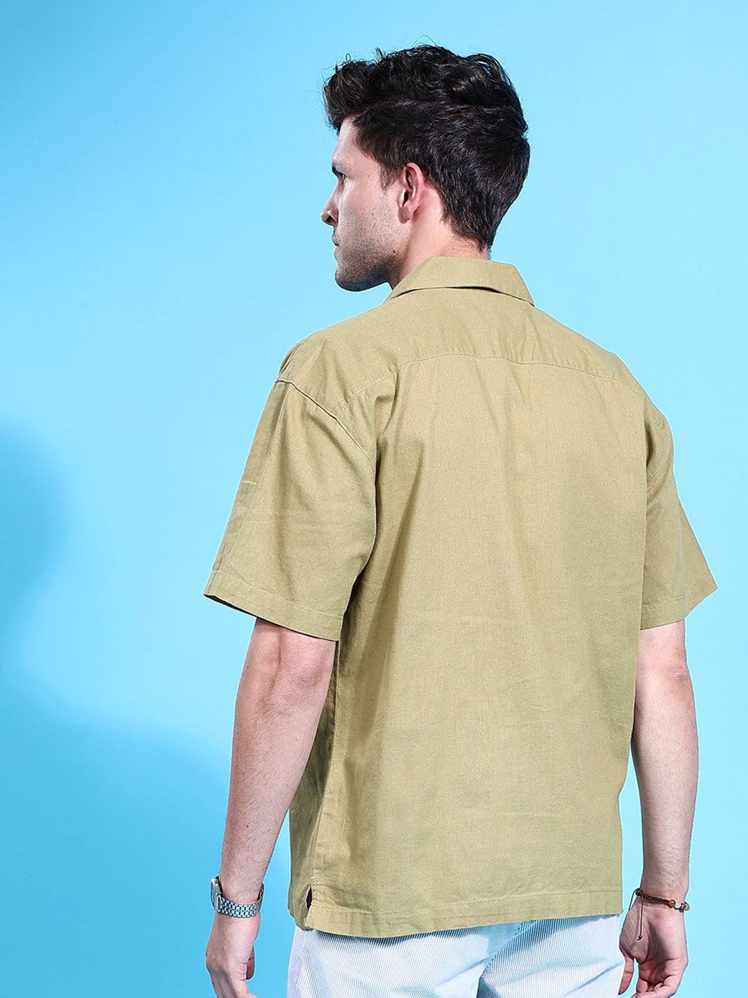The Indian Garage Co Men Cuban Collar Relaxed Fit Linen Resortwear Shirt