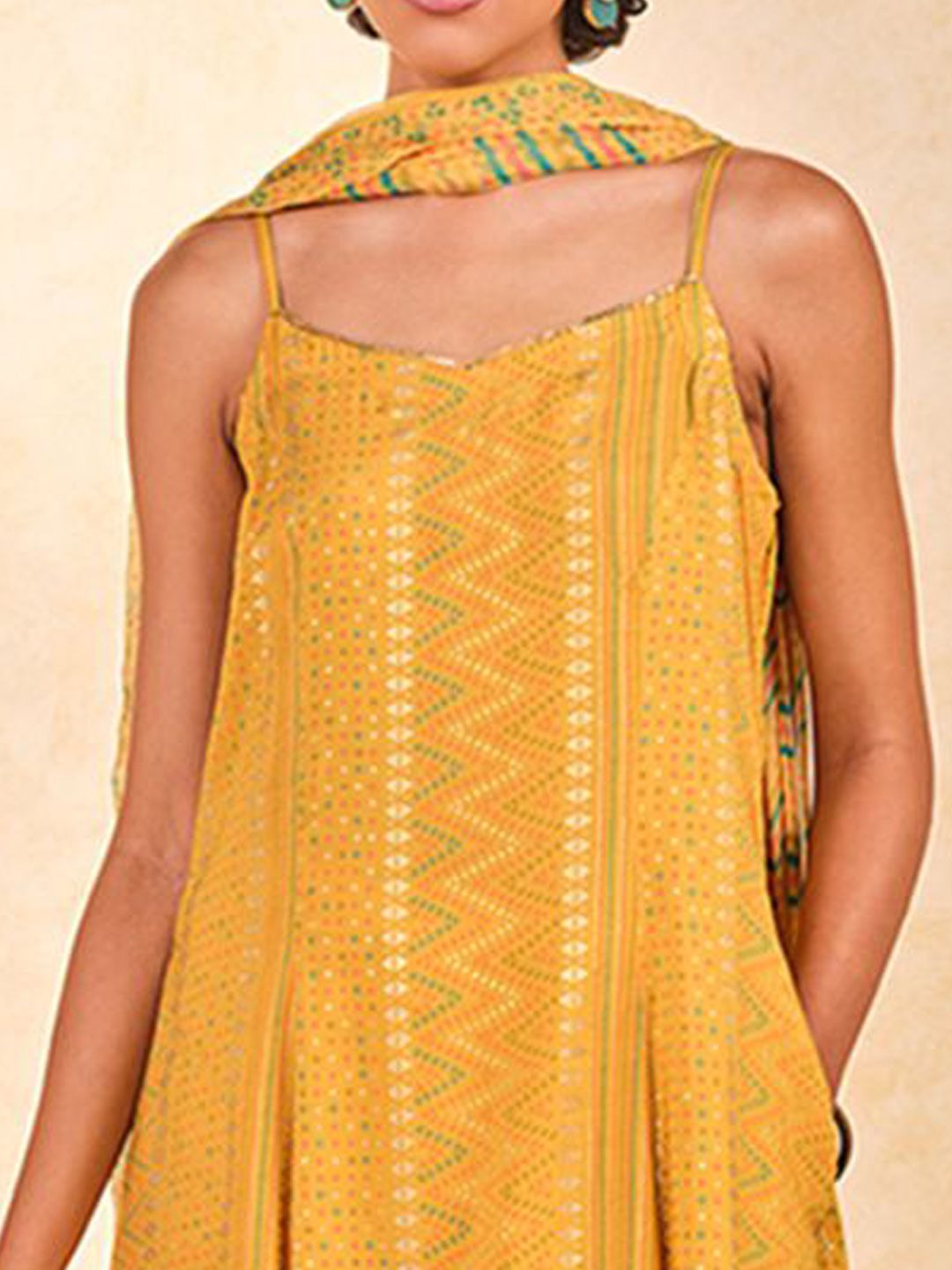 Global Desi Geometric Printed Shoulder Straps A-Line Kurta with Trousers & With Dupatta