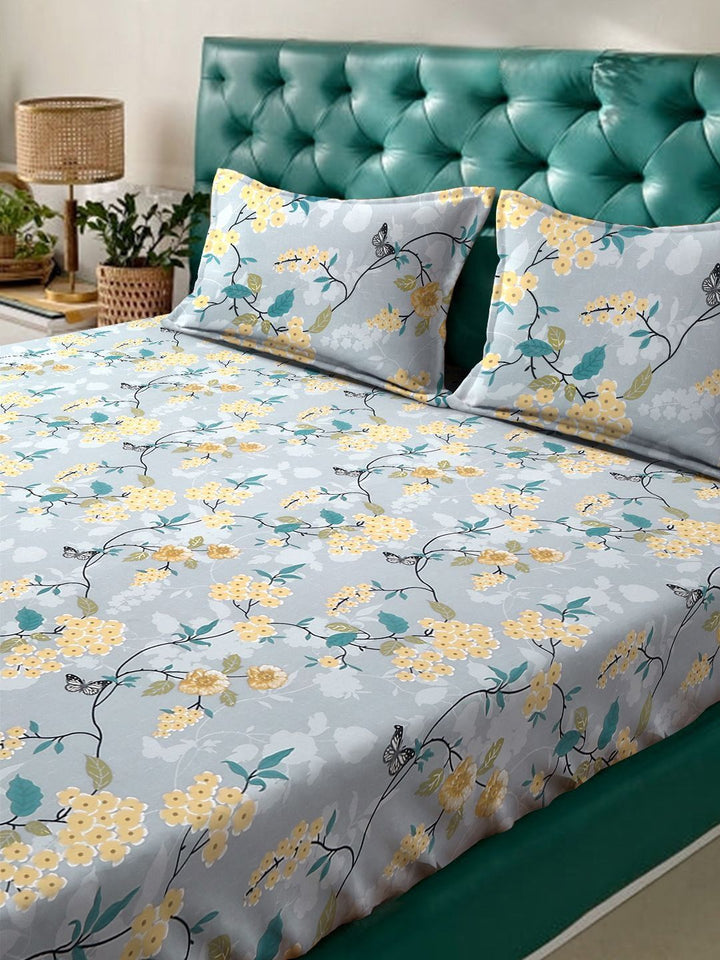Myntra Elegant Homes Grey & Yellow Floral 300 TC King Cadar dengan 2 Sarung Bantal