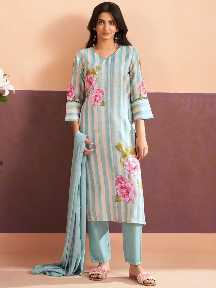Indo Era Floral Printed V-Neck Sequinned Linen Kurta With Trouser & Dupattta
