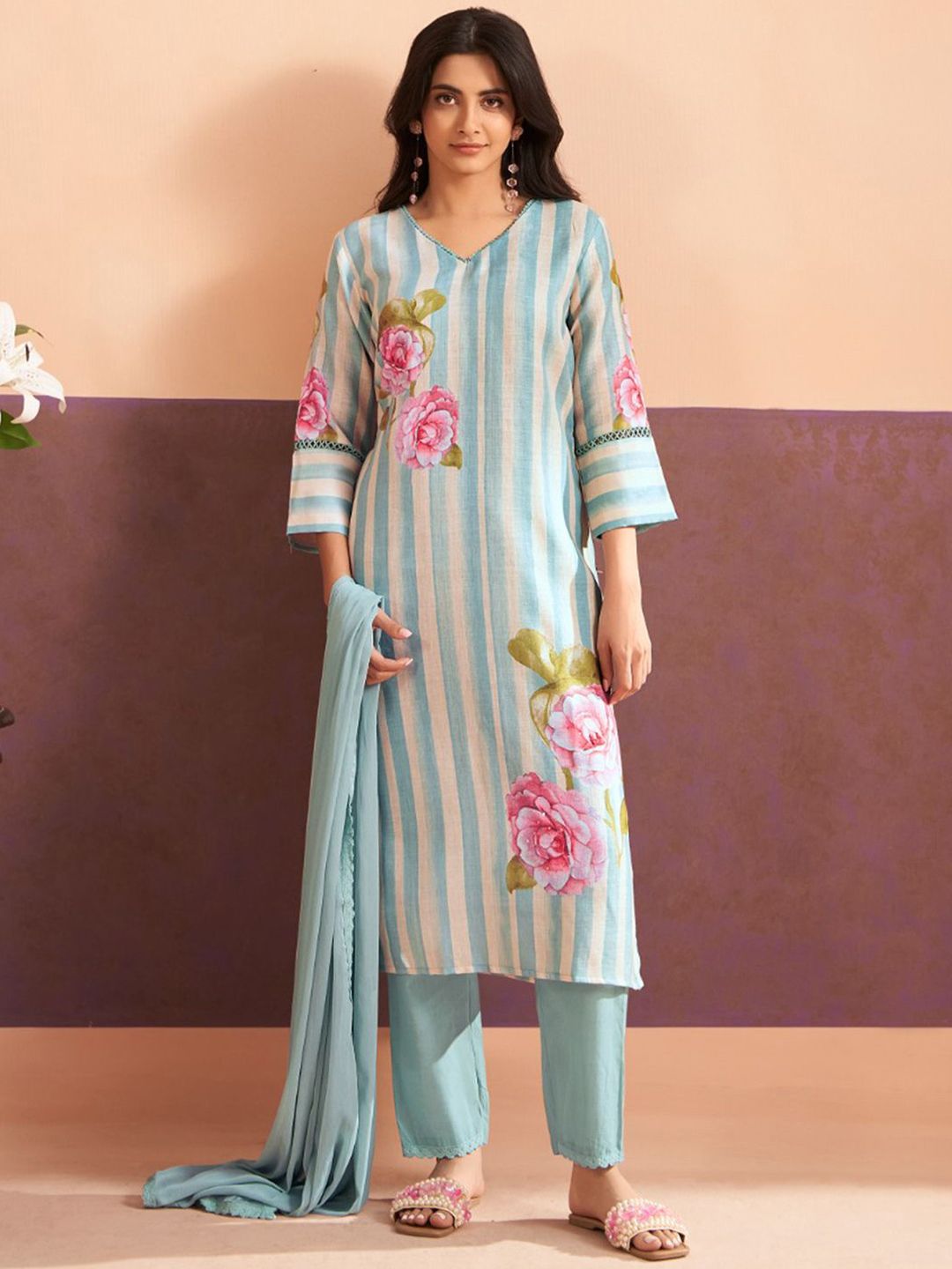Indo Era Floral Printed V-Neck Sequinned Linen Kurta With Trouser & Dupattta
