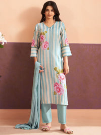 Indo Era Floral Printed V-Neck Sequinned Linen Kurta With Trouser & Dupattta