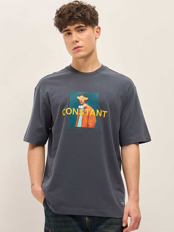 THE BEAR HOUSE Typography Printed Drop Shoulder Sleeves Cotton Oversized T-shirt