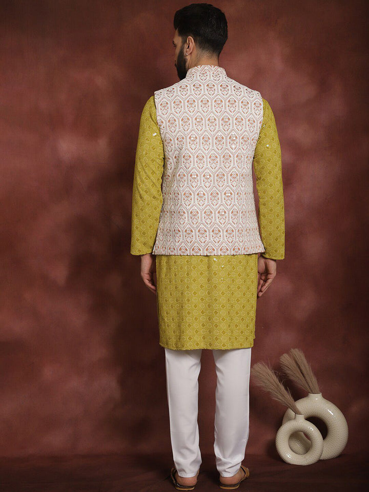 Anouk Mandarin Collar Geometic Embroidered Kurta With Churidar & Nehru Jacket