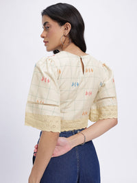 DressBerry Checked Lace Inserts Flared Sleeves Crop Top with Floral Prints