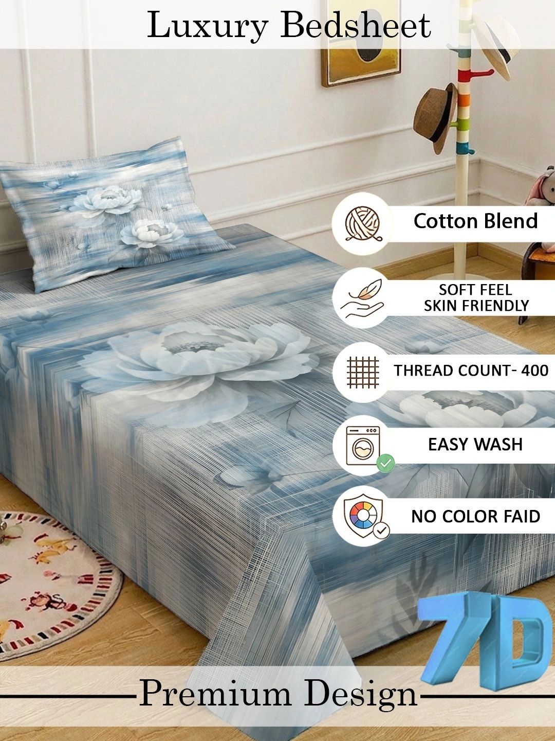 KLOTTHE Blue Floral Dilengkapi 400 TC Single Cadar 7D dengan 1 Sarung Bantal