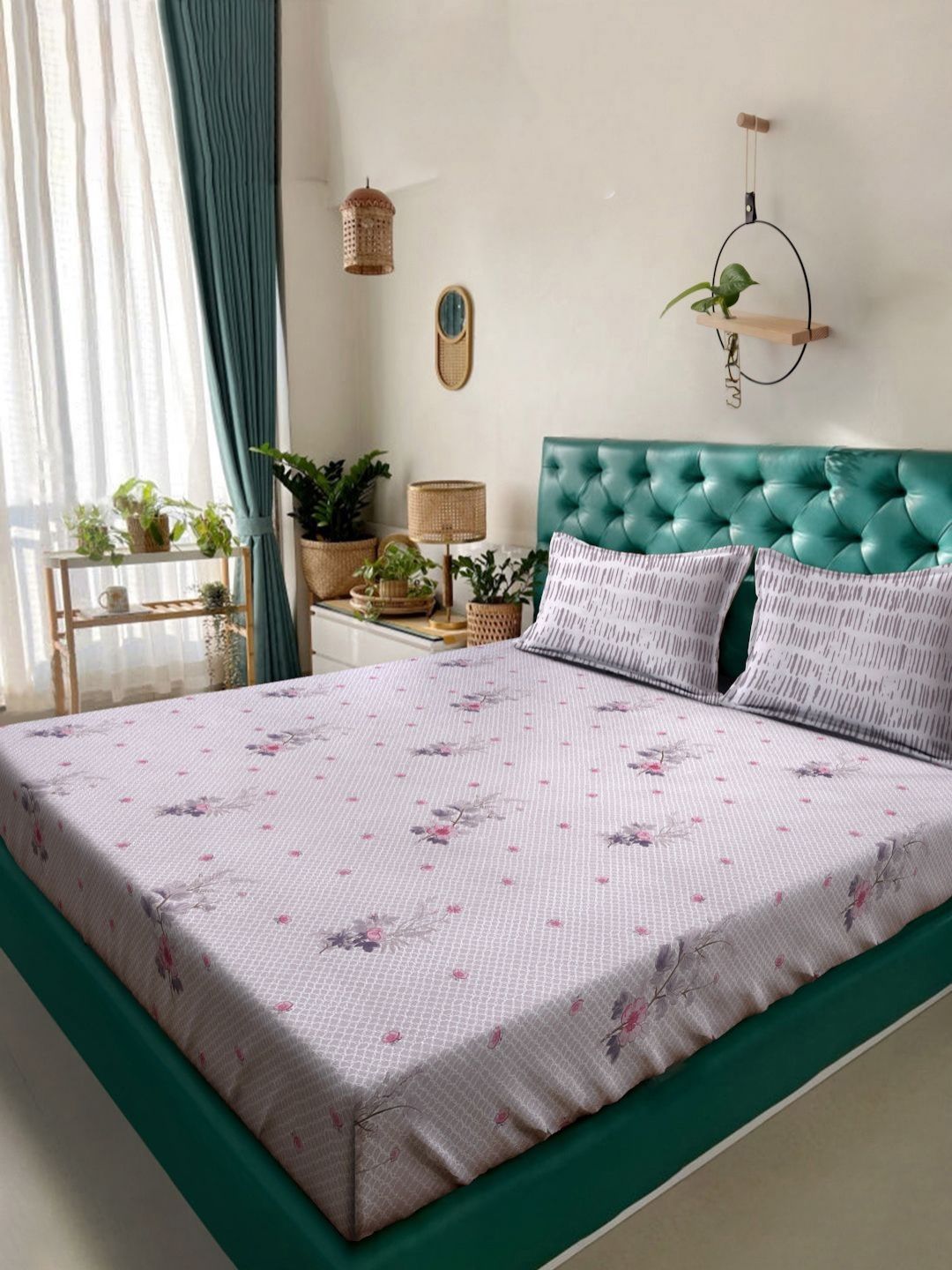 Myntra Elegant Homes Purple Floral Pure Cotton 400 TC King Bedsheet Set 2.5m x 2.25m