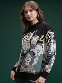 Tokyo Talkies Wanita Leher Reka Bentuk Diri Sweater Bercetak Sweater