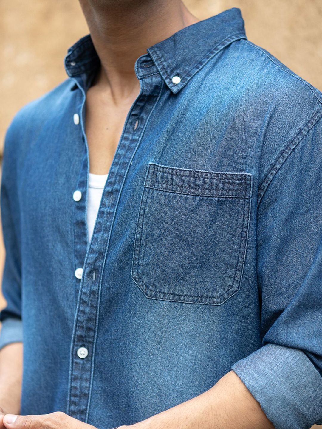 Powerlook Spread Collar Long Sleeves Denim Shirt