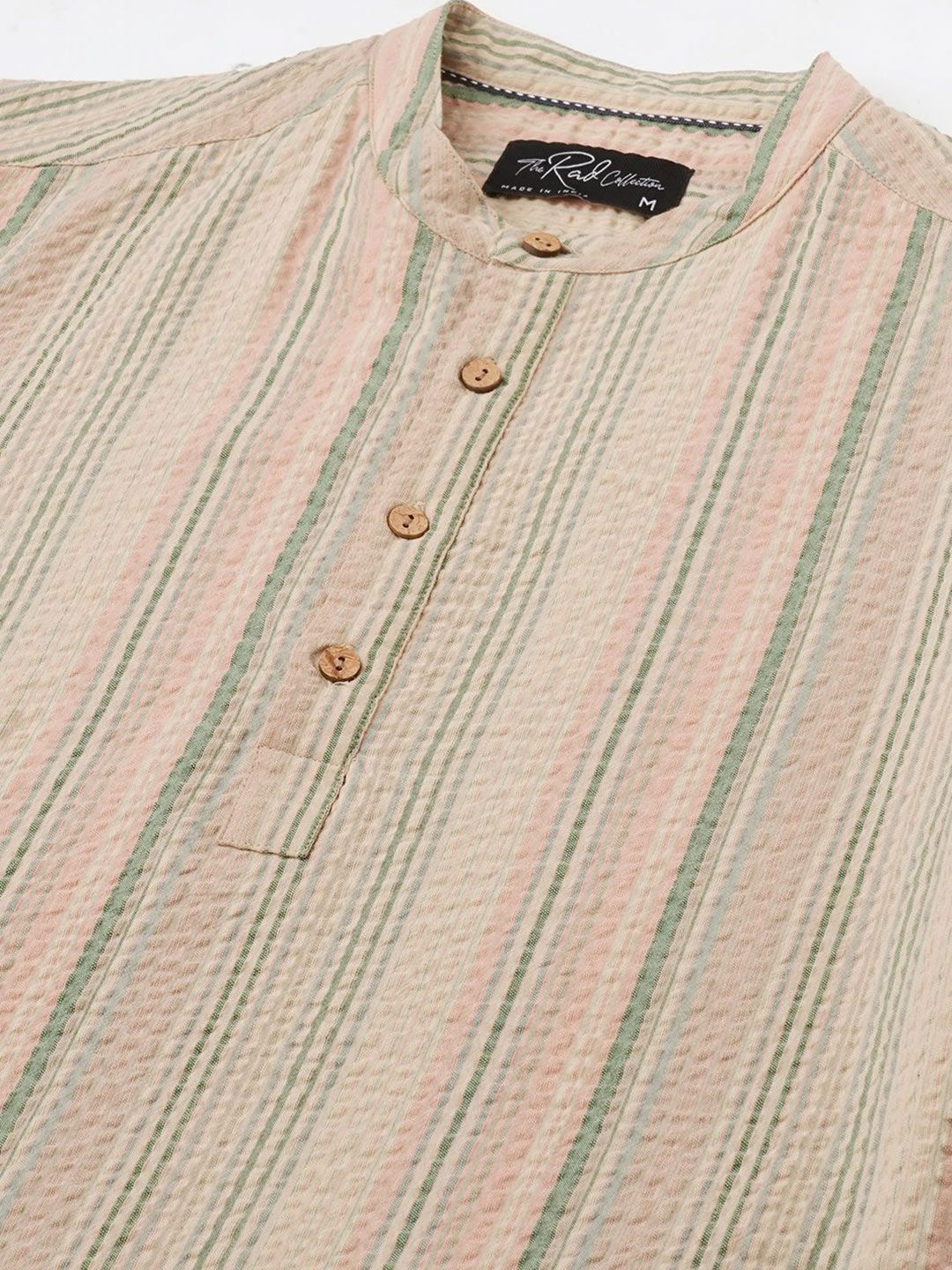 VASTRADO Men Striped Band Collar Straight Cotton Kurta