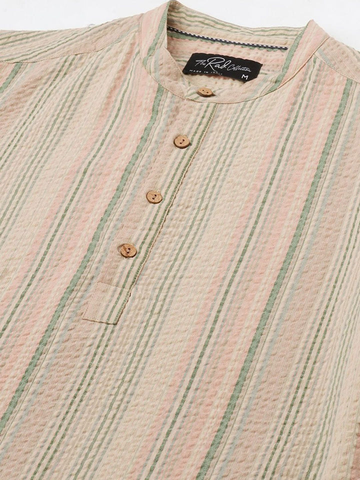 VASTRADO Men Striped Band Collar Straight Cotton Kurta