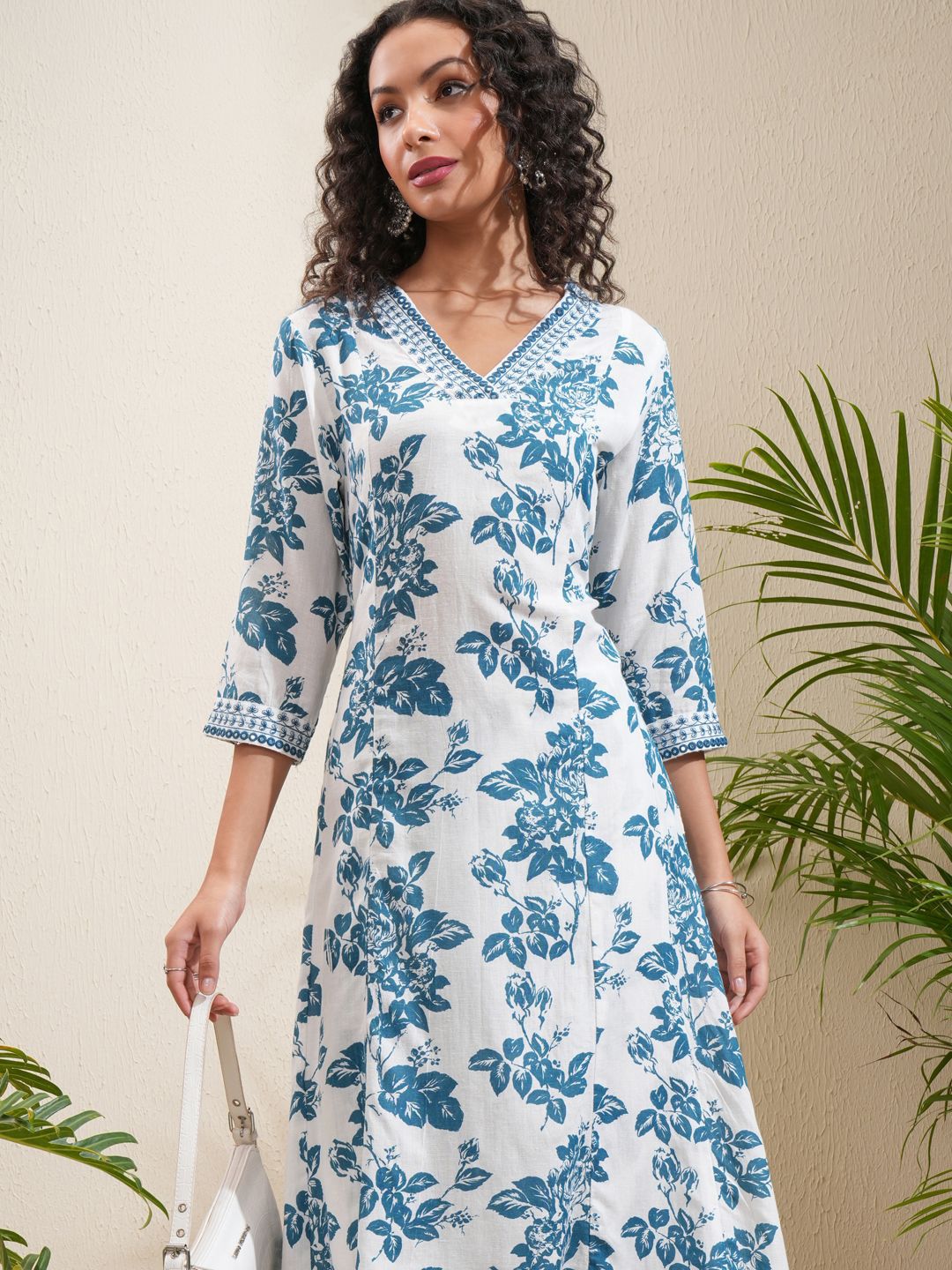 Vishudh Floral Printed Panelled Mirror Work Kurta With Trousers