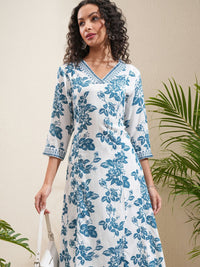 Vishudh Floral Printed Panelled Mirror Work Kurta With Trousers