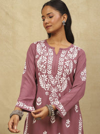 House of Chikankari Women Purple Rayon Chikankari Embroidered Kurta