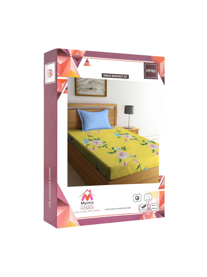 Myntra Elegant Homes Yellow & Green Printed 300 TC Fitted Single Bedsheet Set 2.25 x 1.5 m