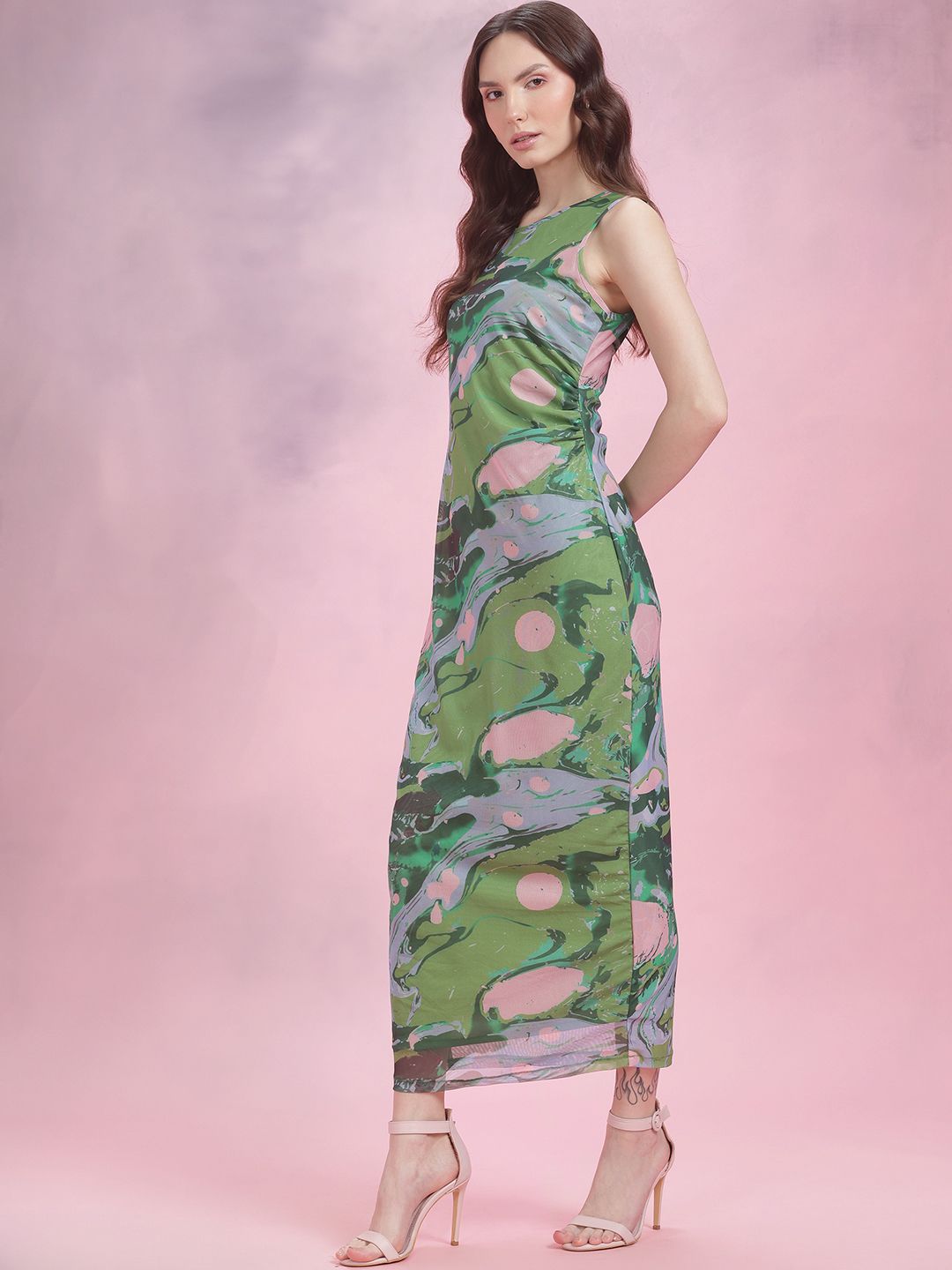 DressBerry Ruched Printed Mesh Maxi Dress