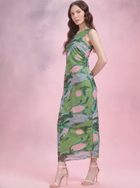 DressBerry Ruched Printed Mesh Maxi Dress
