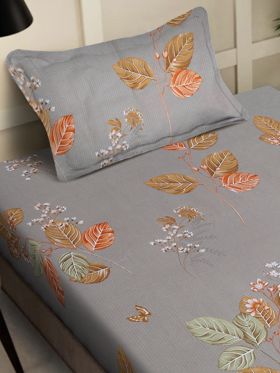 Myntra Elegant Homes Kapas Bunga Kelabu & Coklat 400 TC Set Cadar Bujang 2.25 m x 1.50 m