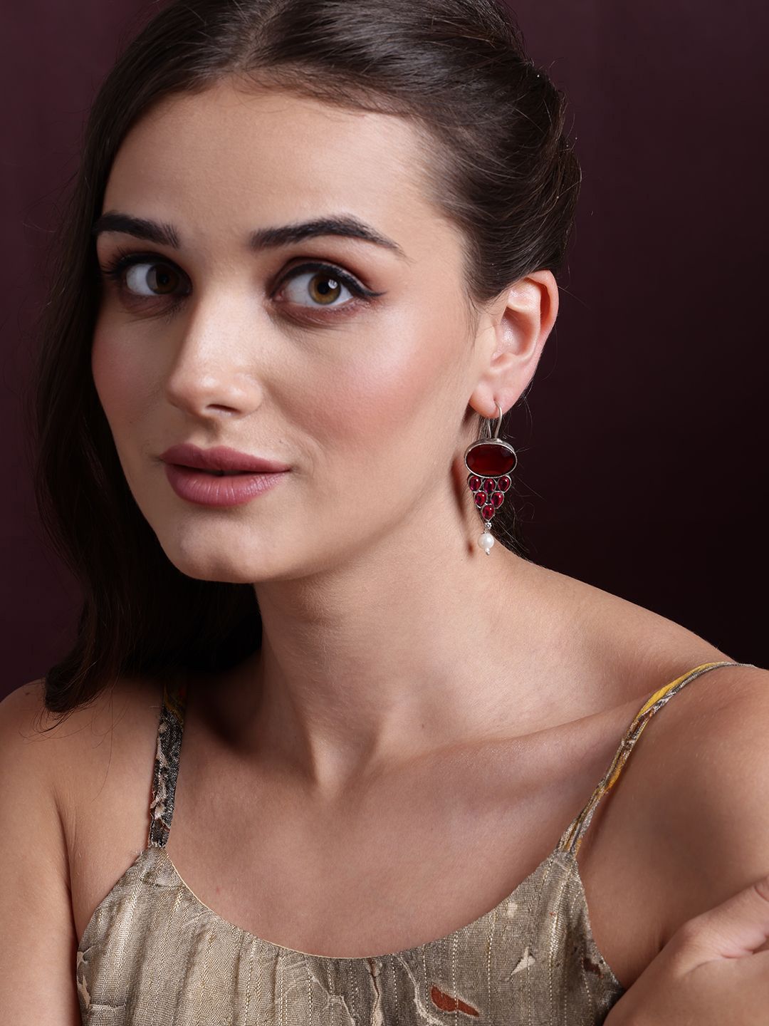PANASH Silver Plated Cubic Zirconia Studded Drop Earrings