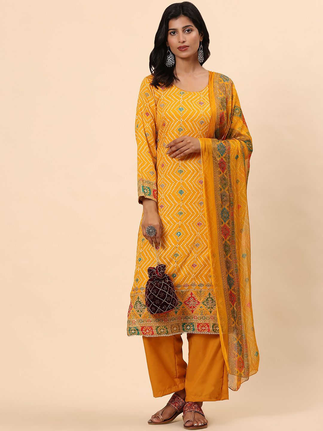 Mamicha Bandhani Printed Beads & Stones Pure Cotton Straight Kurta with Palazzos & Dupatta