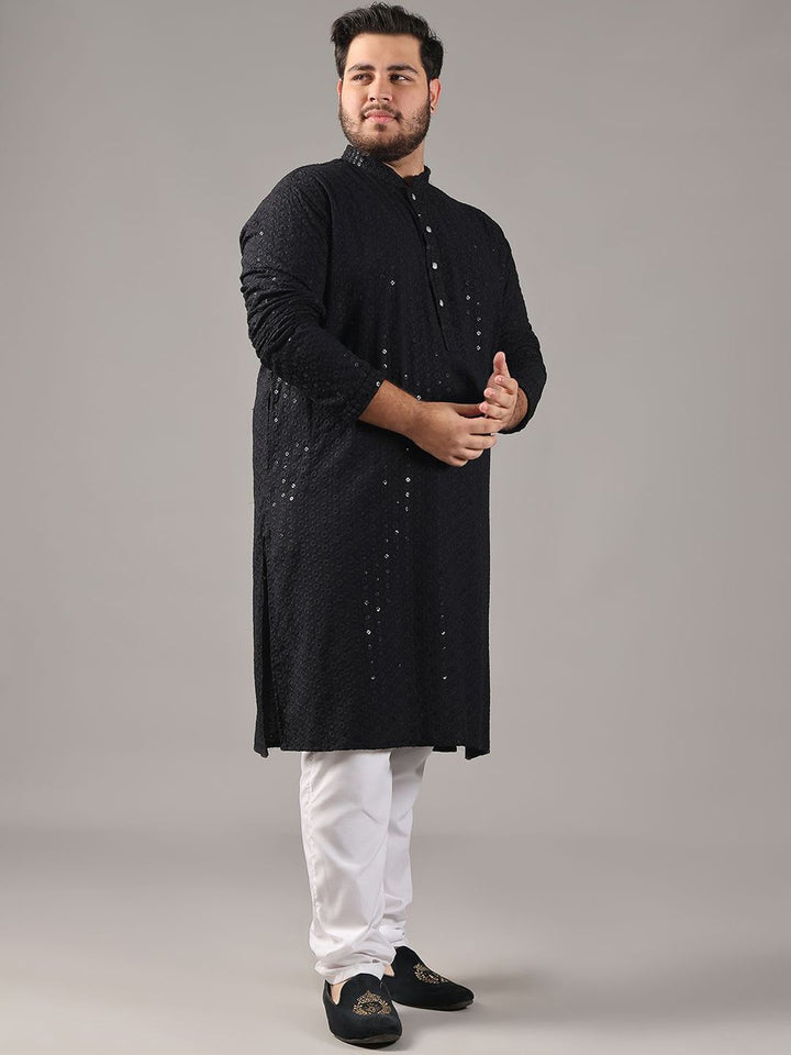 SOJANYA PLUS Size Embroidered Sequinned Mandarin Collar Pure Cotton Straight Kurta