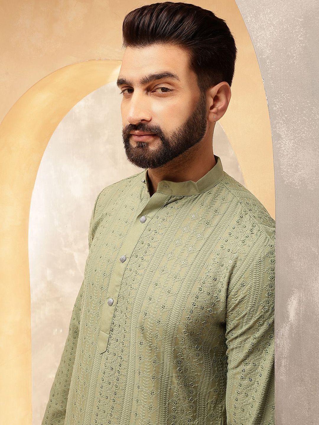 Anouk Green Geometric Sulam Jujukan Jalur Kolar Kurta Lurus