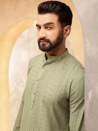 Anouk Green Geometric Sulam Jujukan Jalur Kolar Kurta Lurus