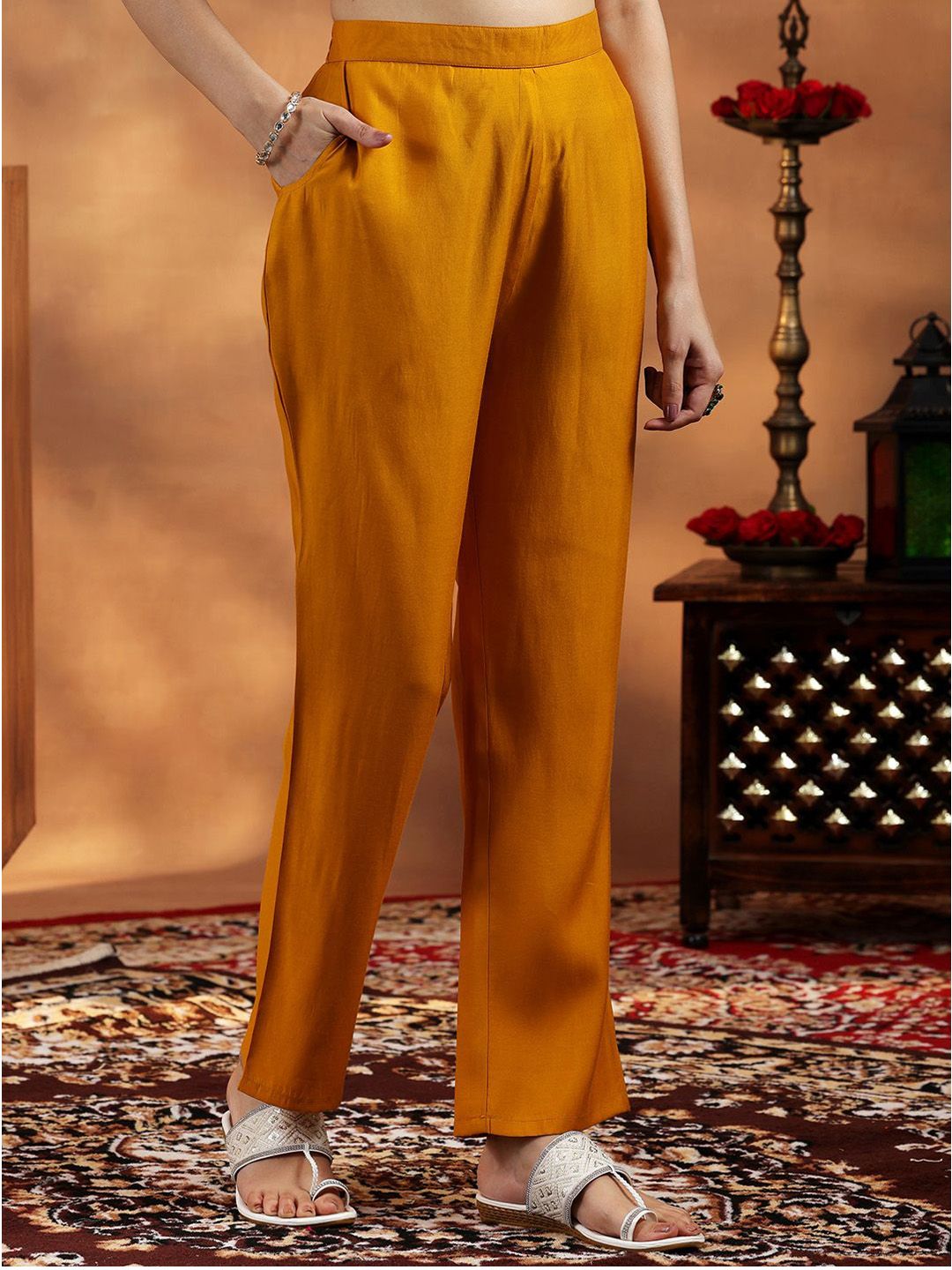 Libas Paisley Yoke Design Thread Work Straight Kurta with Trousers & With Dupatta